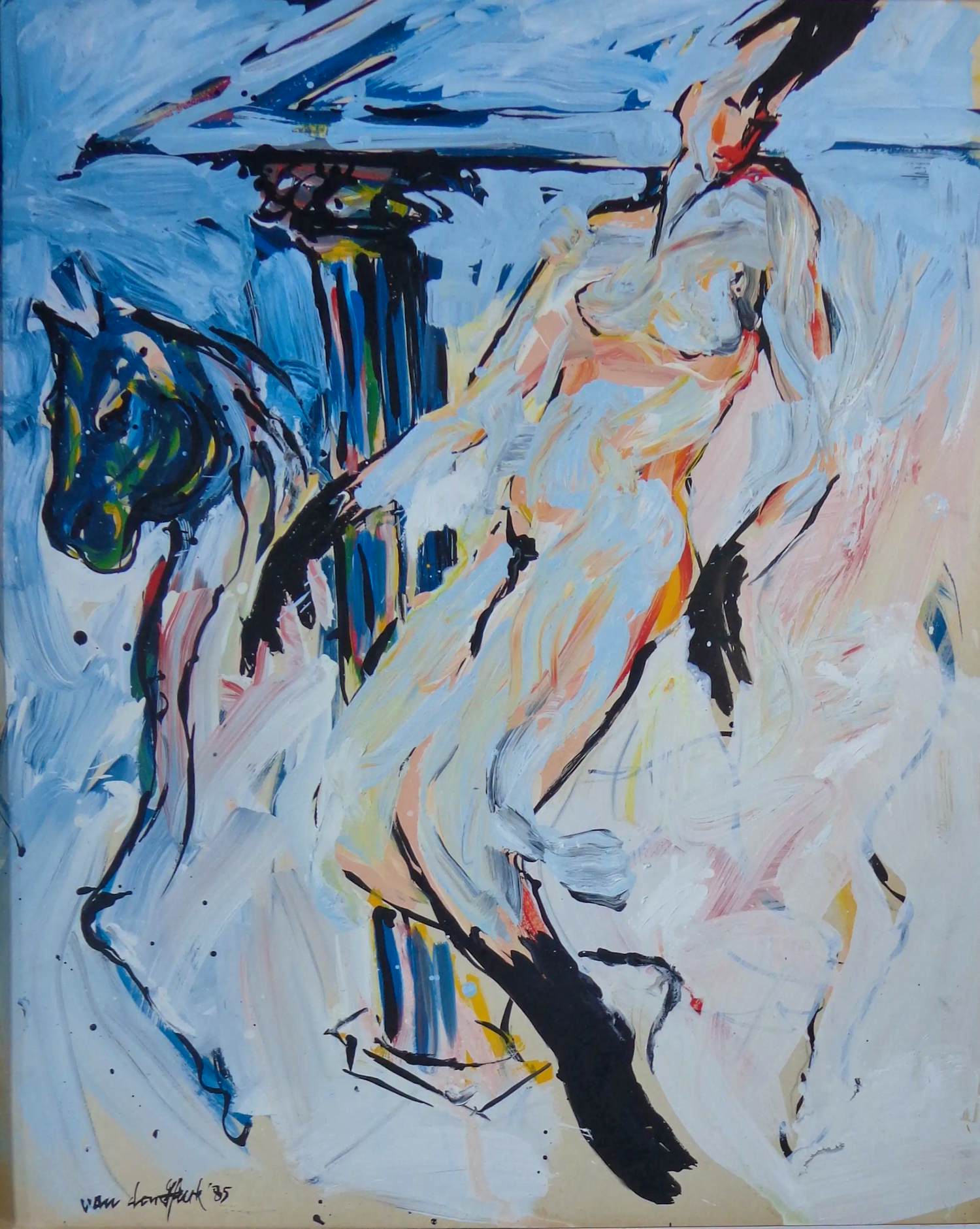 Peter van den Hurk - NAAKTE VROUW MET PAARD / OLIEVERF KARTON / 101x81cm / KADER / SIG / 1985 verkocht voor € 110!