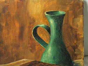 Niet of onleesbaar gesigneerd - Olieverf op doek , Stilleven met groene vaas, fruit en boeken - gesigneerd kopen? Bied vanaf 1!