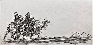 Simon Koene - Kameelruiters in vlakte met piramiden kopen? Bied vanaf 15!