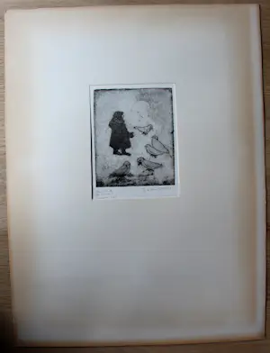 Jeanne Bieruma Oosting - Ets: 'Een winter in Rusland', Duiven in de sneeuw - 1970 kopen? Bied vanaf 250!