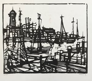 Fon Klement - Houtsnede - 1959 - 'haven' - niet ingelijst kopen? Bied vanaf 45!