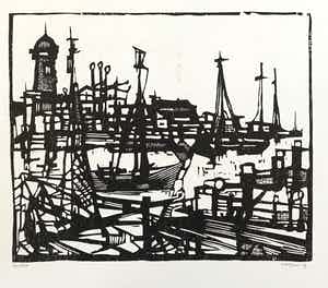 Fon Klement - Houtsnede - 1959 - 'haven' - niet ingelijst verkocht voor € 45!