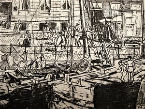 Pieter Dupont - Zeldzame & grote Amsterdam- Ets "Bedrijvigheid aan het Damrak" potloodgesignrd kopen? Bied vanaf 49!