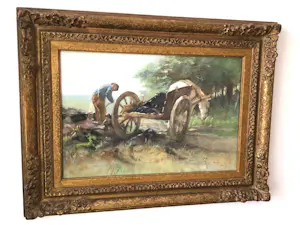 Herman van der Weele - Boer met paard en wagen bij bosrand. kopen? Bied vanaf 200!