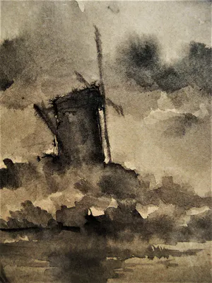 Toon Koster - Sfeervol impressionistisch Aquarel en Sepia "polderlandschap met molen" gesignee kopen? Bied vanaf 43!