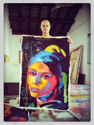 AcheterPeter Klashorst - Acryl en spuitbus op doek, Portret naar meisje met de parel? Enchérissez de 400!