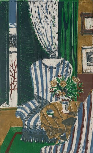 Jeanne Bieruma Oosting - kleurenlinosnede | 'Interieur' | handgesigneerd kopen? Bied vanaf 150!