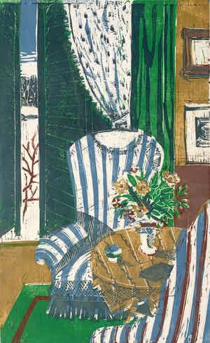 Jeanne Bieruma Oosting - kleurenlinosnede | 'Interieur' | handgesigneerd verkocht voor € 150!