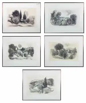 Chris de Moor - Litho, Lot van 5 landschappen - Ingelijst verkauft für € 60!