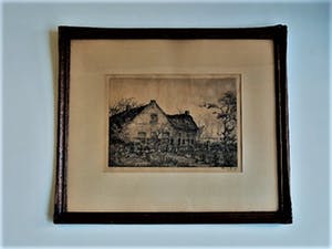 Toon de Jong - Fraaie droge naald Ets "Het oudste huis van Laren" gesigneerd - in antieke lijst kopen? Bied vanaf 10!