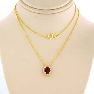 14k gouden collier met hanger bezet met robijn en briljant geslepen diamant verkocht voor € 200!