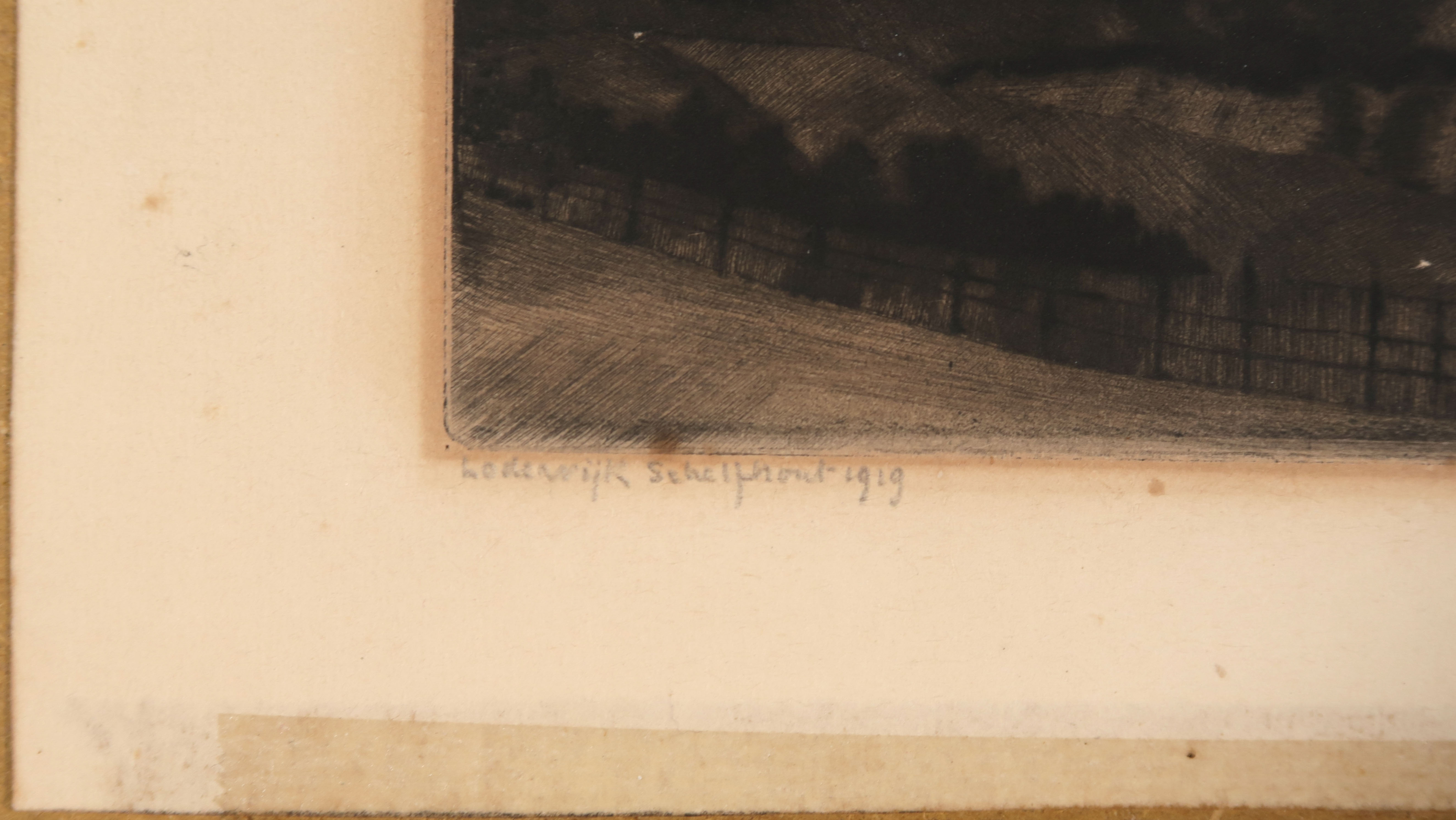 Lodewijk Schelfhout - Ets, Ondergaande zon in heuvelachtig landschap met bomen kopen? Bied vanaf 75!