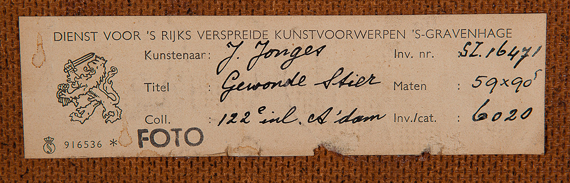 Jan Jonges - Gewonde Stier - Gouache op papier - gesigneerd r.o. - BKR Amsterdam -Soort 1969 kopen? Bied vanaf 10!