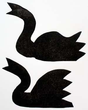 Klaas Gubbels - houtdruk: 2 zwanen - 1998 verkocht voor € 275!