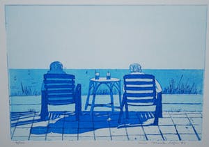 Lucie Meulendijks - zitje bij de zee - kleurets 1983 - oplage 100 - ingelijst kopen? Bied vanaf 30!