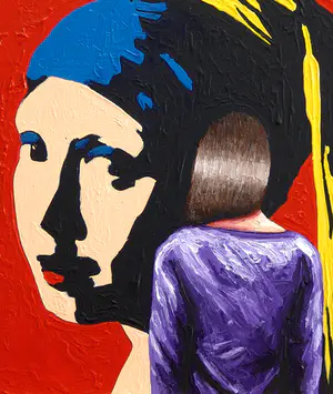 Gerard Boersma - Girl With Pearl Earring (Vrouw kijkend naar pop art portret meisje van Vermeer) kopen? Bied vanaf 75!
