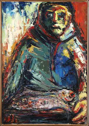 Berry Brugman - Olieverf op doek, Visser - Ingelijst verkocht voor € 200!