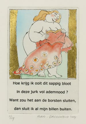 Ada Breedveld - Handgekleurde ets, Hoe krijg ik ooit dit sappig bloot in deze jurk vol ademnood? kopen? Bied vanaf 50!