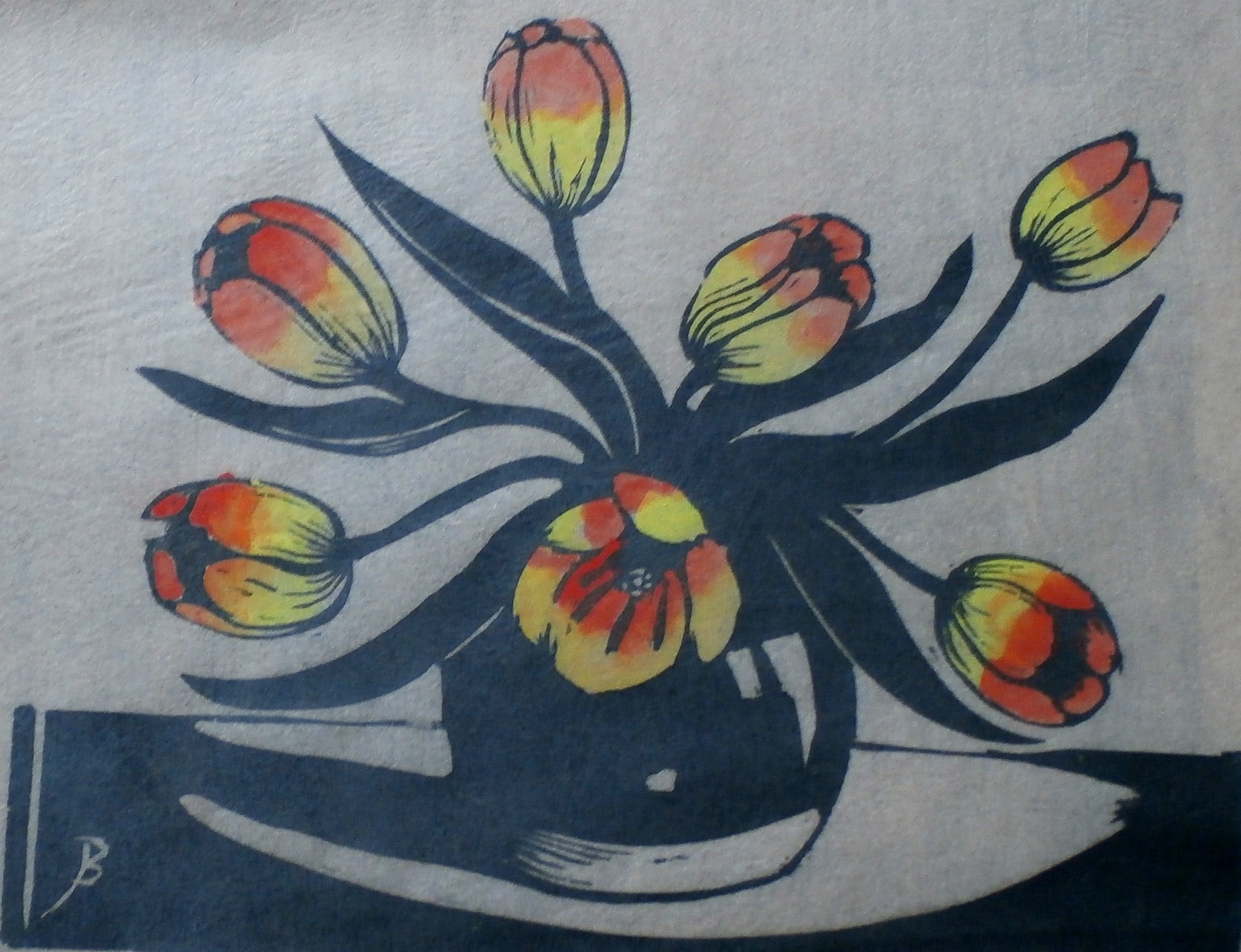 Jac. de Beer - Houtsnede: Vaas met tulpen verkocht voor € 40!