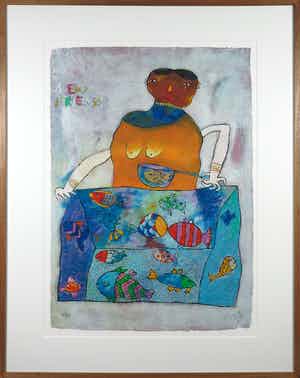 Shahid Parvez - Zeefdruk, New Friend - Ingelijst verkocht voor € 40!