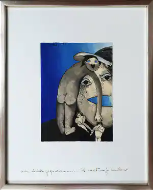 Ans Wortel - Ingelijste gouache met inkt: 'Over ethiek gesproken….' verkocht voor € 235!