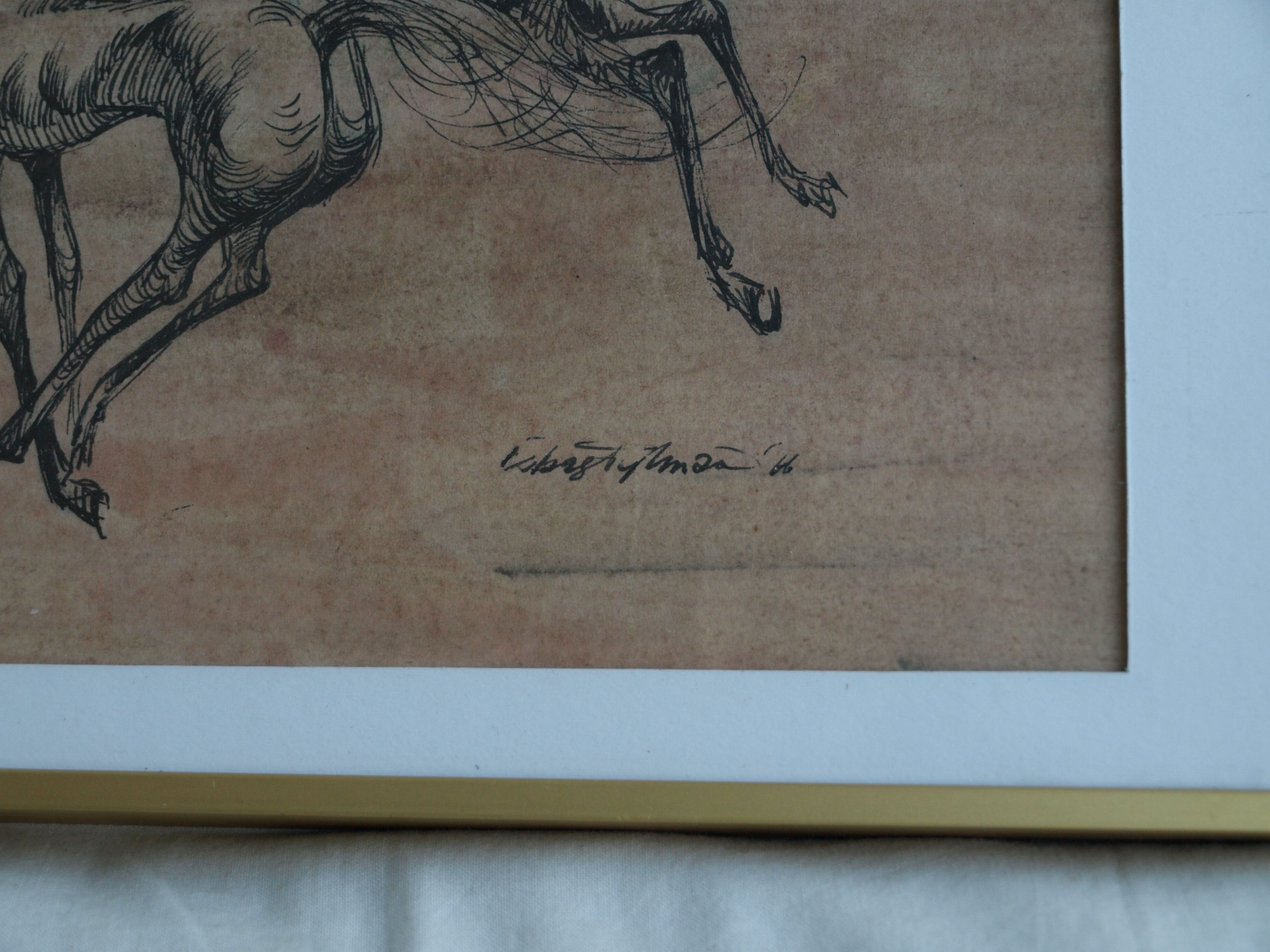 Klaas Pijlman - Pentekening , 3 Paarden – gesigneerd & ingelijst – 1966 kopen? Bied vanaf 35!