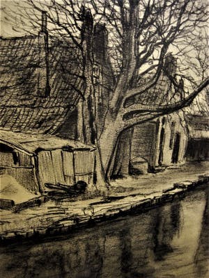 Johannes de Munck - Grote houtskooltekening "huizen aan water" gesigneerd - ingelijst. kopen? Bied vanaf 29!