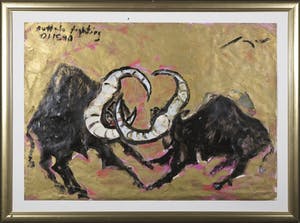 Igor Issacovitch - Gemengde techniek op papier, Buffalo fighting - Ingelijst kopen? Bied vanaf 1!