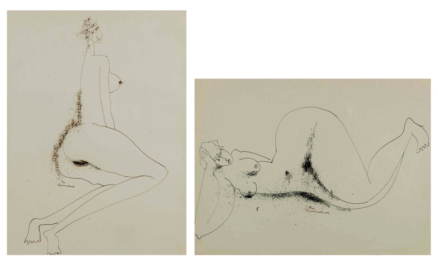 Theo Beerendonk - Lot van twee pentekeningen, Naakt kopen? Bied vanaf 70!