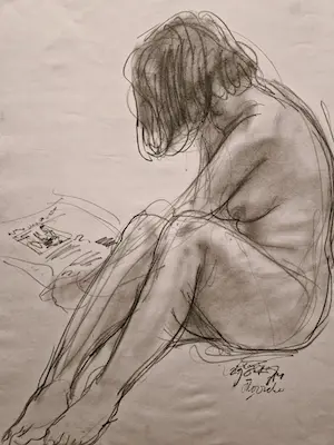 Otto Dicke - Fraaie & grote in 1977 gemaakte houtskooltekening "lezend Naakt op het strand" kopen? Bied vanaf 70!