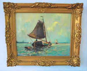 Arnout van Gilst - schepen op het water/olieverfschilderij in een fraaie lijst verkocht voor € 99!