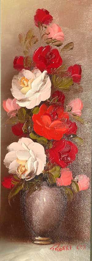 Robert Cox - Rode bloemen in vaas - Olieverf op doek verkocht voor € 80!