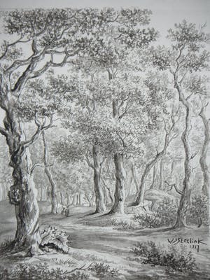 Willem Steelink (jr.) - Heuvelachtig boslandschap met wandelaars kopen? Bied vanaf 50!