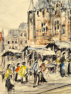 Niet of onleesbaar gesigneerd - Leuke vlot geschilderde jaren 50 Aquarel "Nieuwmarkt Amsterdam" kopen? Bied vanaf 1!