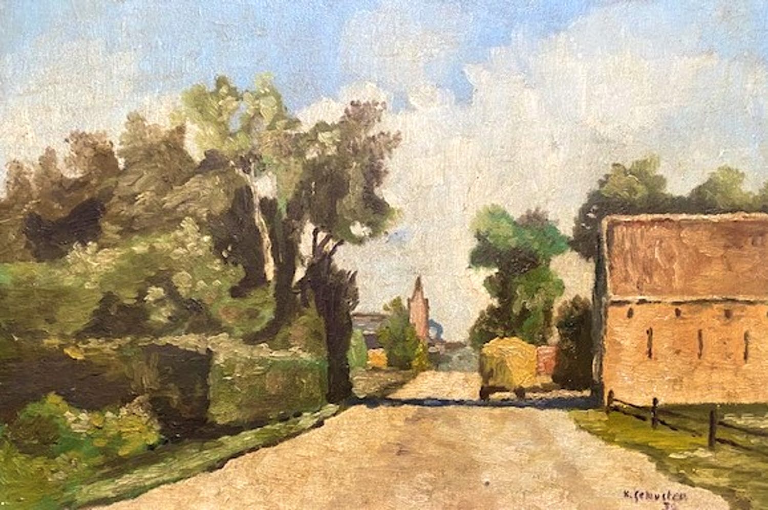 Niet of onleesbaar gesigneerd - Dorpzicht met hooikar kopen? Bied vanaf 1!