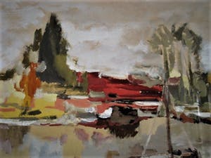 Niet of onleesbaar gesigneerd - GROTE impressionistische Gouache "Hollands polderlandschap met boot" monogram RS kopen? Bied vanaf 10!
