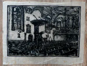 Joseph van de Wall Perne - houtsnede: kerkinterieur kopen? Bied vanaf 30!