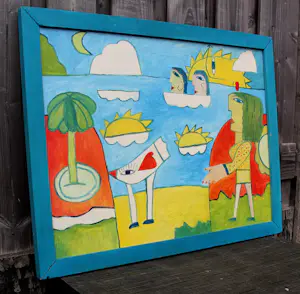 Hannes Kuiper - Ingelijste acrylverf op paneel: 'Wandeling met palm beats' kopen? Bied vanaf 199!