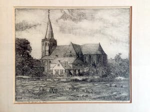 Wim van den Anker - Kerk te DRIEL - Ets, Ingelijst kopen? Bied vanaf 30!