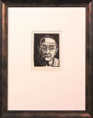 Dick Ket - Linoleumsnede, Portret van grootmoeder (en face) - Ingelijst verkocht voor € 35!