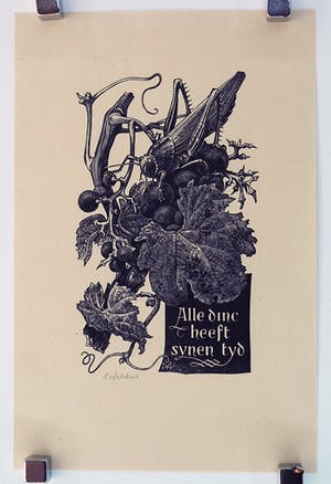 Dirk van Gelder - Sprinkhaan op druiventak - Alle Dinc heeft synen tyd, houtgravure, 1940 kopen? Bied vanaf 30!