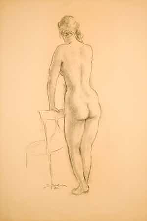 Jan Sluijters (jr.) - Potloodtekening, Staand naakt bij een stoel verkocht voor € 100!