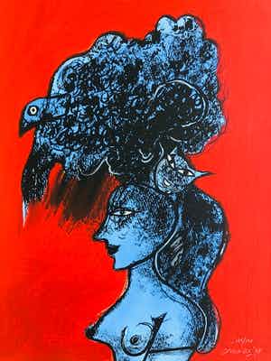 Corneille - sans titre (vrouw met kat en vogel) verkocht voor € 325!