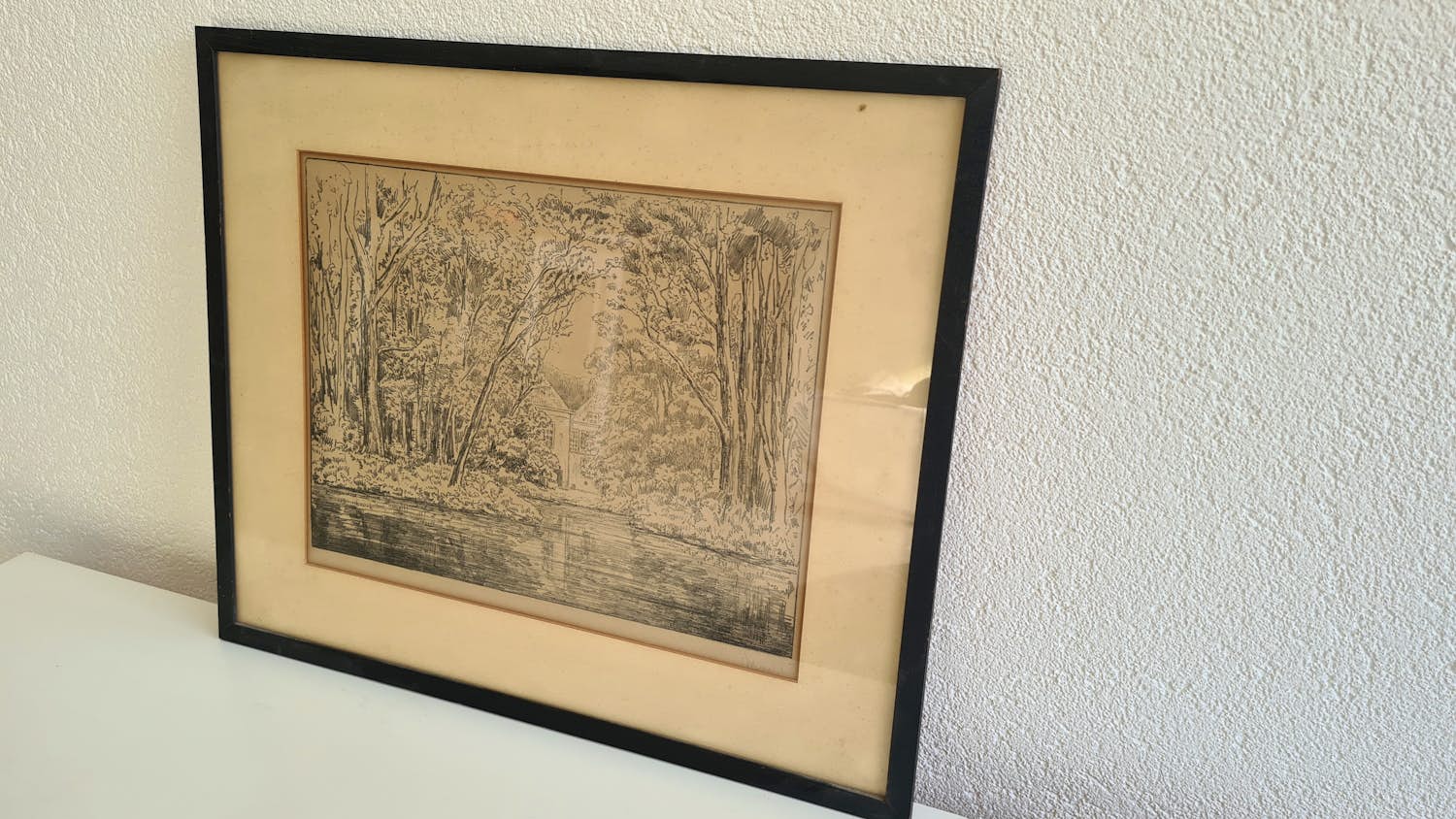 Simon Moulijn - Simon Moulijn – Boslandschap met water en huis – ets – gesigneerd kopen? Bied vanaf 45!