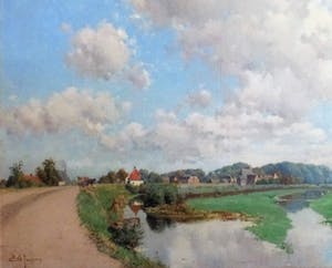 Egbertus Antonie Jansen - Waaldijk bij Herwijnen - Schilderij kopen? Bied vanaf 1350!