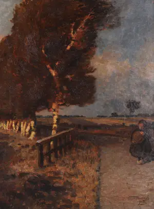 Louis Albert Roessingh - Heidelandschap met berken en een meisje op het zandpad kopen? Bied vanaf 650!