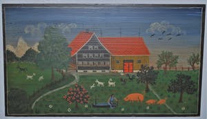Niet of onleesbaar gesigneerd - Naïef geschilderd boerenbedrijf, 1975 kopen? Bied vanaf 10!