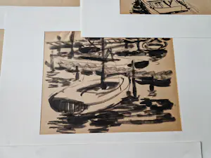 Jan Stroosma - Map met 7 Sepia/Inkt en 1 pasteltekening "(zeil)boten" met atelierstempel kopen? Bied vanaf 50!