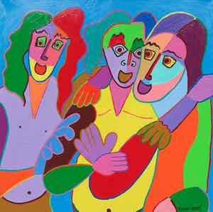 Twan de Vos - Acryl op doek, Happy trio verkocht voor € 1!
