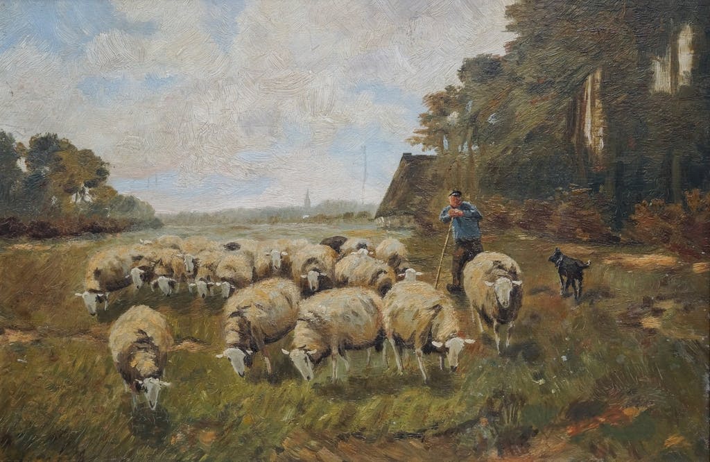 Piet Bouter - Piet Bouter (1887-1968), in de manier van - olieverf op eiken paneel - schapen verkocht voor € 100!